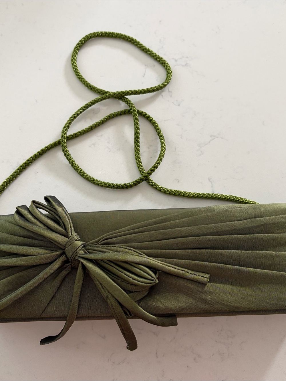 La Regale Olive Green Evening Purse  Satiny Material Has Shine 11”x2” Cord Strap